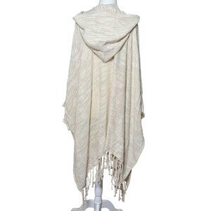 NEW Free People OS Hooded Fringe Poncho Ruana Raw Hem Boho Beige Wrap Cardigan